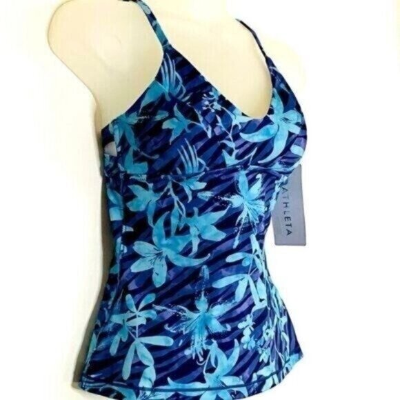 Athleta Womens A-C Triangle Tankini Top Swim Tank XS Floral Blue Beachy - Picture 2 of 12